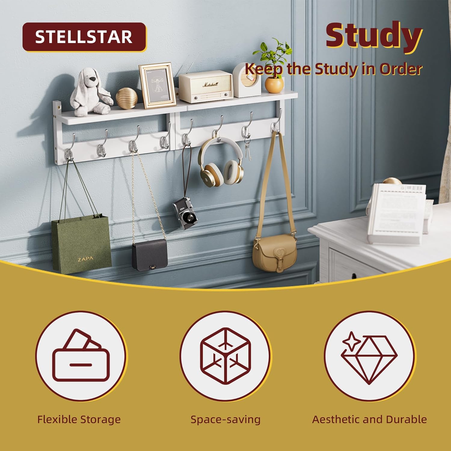 2 Pack Coat Rack Wall Mount, Bamboo Coat Hook with Storage Shelf, Coat Hanger with 8 Dual Hooks, Wall Floating Shelf for Entryway Hallway Kitchen, Bathroom, Bedroom (White+Slive)