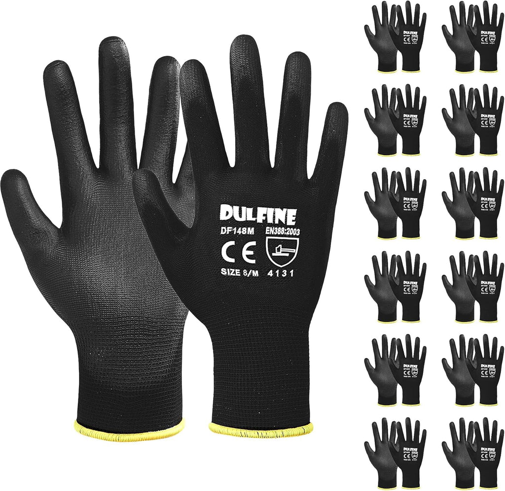 DULFINE Ultra-Thin PU Coated Work Gloves-12 Pairs,Excellent Grip,Nylon Shell Black Polyurethane Coated Safety Work Gloves, Knit Wrist Cuff,Ideal for Light Duty Work. (Small)