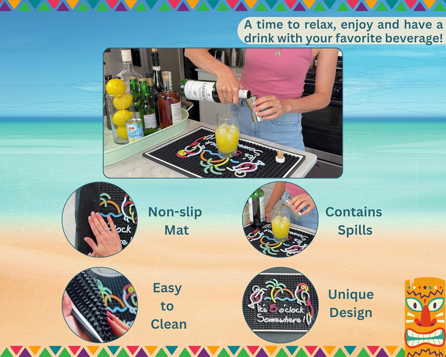 It's 5 O'Clock Somewhere Sign Rubber Bar Mats for Bartending 18x12 in, Bar Mats for Countertop Tiki Decor, Tiki and Outdoor Accessories, Aloha & Luau Party Decorations and Hawaiian Party Decorations
