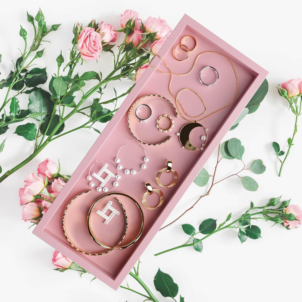 Bathroom Perfume Tray for Candle Trinket, Decor Vanity Trays for Countertop Nightstand Toilet Tank Counter Dresser Bedroom, Decorative Wooden Rectangle Holder for Skincare Cosmetic Accessory, Pink