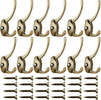 IBosins 12 Pack Antique Brass Coat Hooks Wall Mounted with 24 Screws Retro Double Hooks Utility Antique Brass Hooks for Coat, Scarf, Bag, Towel, Key, Cap, Cup, Hat