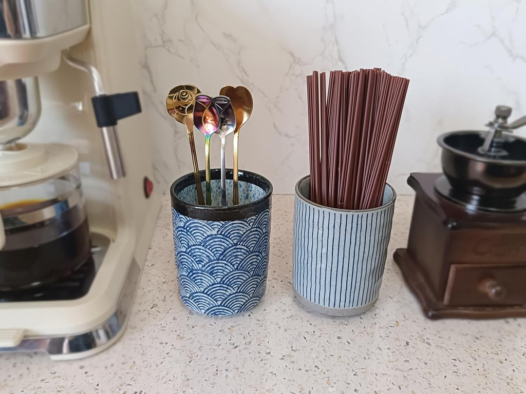 Stoneware Coffee Bar Utensil Holder Tea & Coffee Spoon & Stirrer Holder for Stir Stick Straw Teaspoon Holder Spoon Cup Small Utensil Jar (Blue Wave)