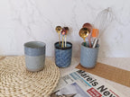 Stoneware Coffee Bar Utensil Holder Tea & Coffee Spoon & Stirrer Holder for Stir Stick Straw Teaspoon Holder Spoon Cup Small Utensil Jar (Blue Chequer)