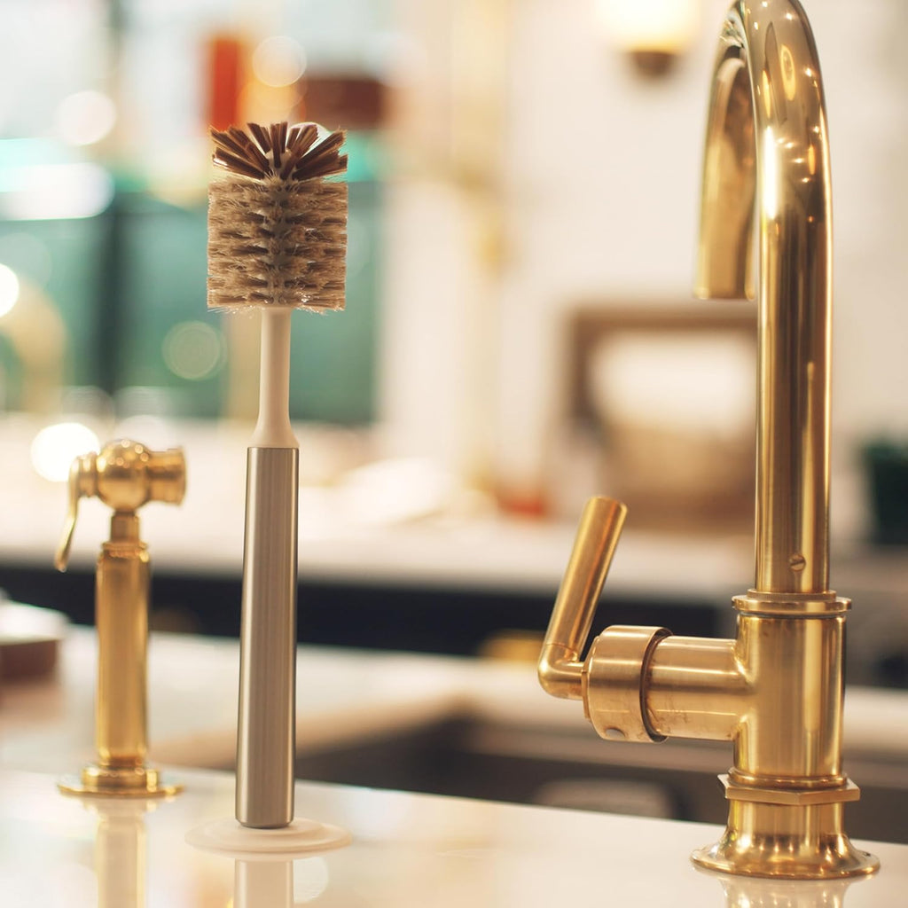 Ionic Bottle Brush, Magnetized to Stand Upright, Stainless Steel with Replaceable Head, Silver