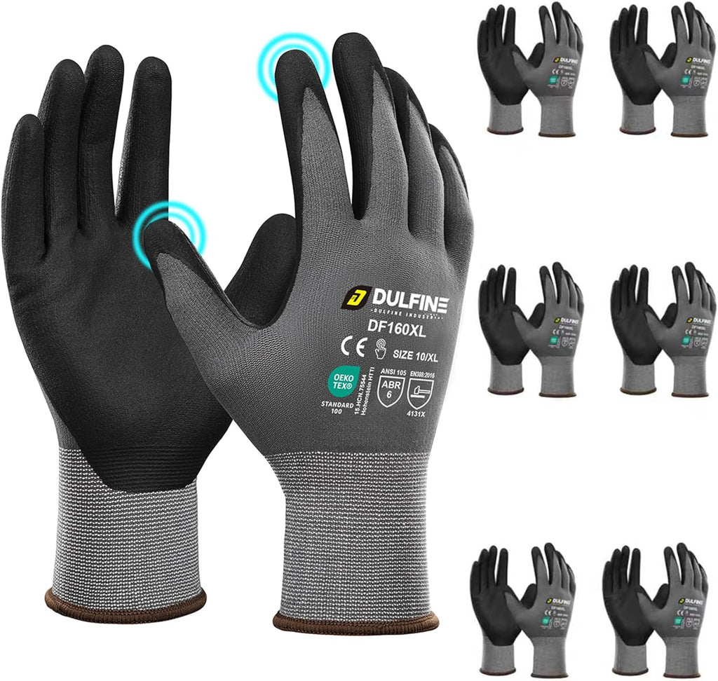DULFINE Safety Work Gloves MicroFoam Nitrile Coated-6 Pairs Pack,Seamless Knit Nylon Glove with Black Micro-Foam Nitrile Grip,Ideal for General Purpose,Automotive,Home Improvement,Painting(Large)