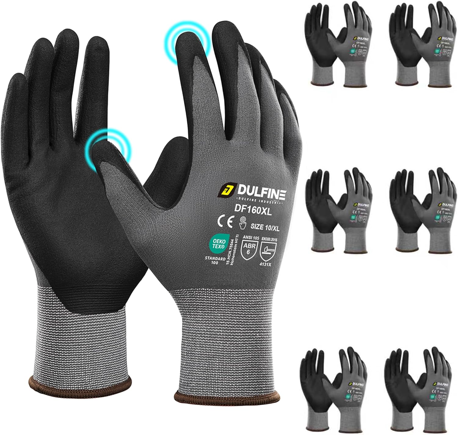 DULFINE Safety Work Gloves MicroFoam Nitrile Coated-6 Pairs Pack,Seamless Knit Nylon Glove with Black Micro-Foam Nitrile Grip,Ideal for General Purpose,Automotive,Home Improvement,Painting(Large)