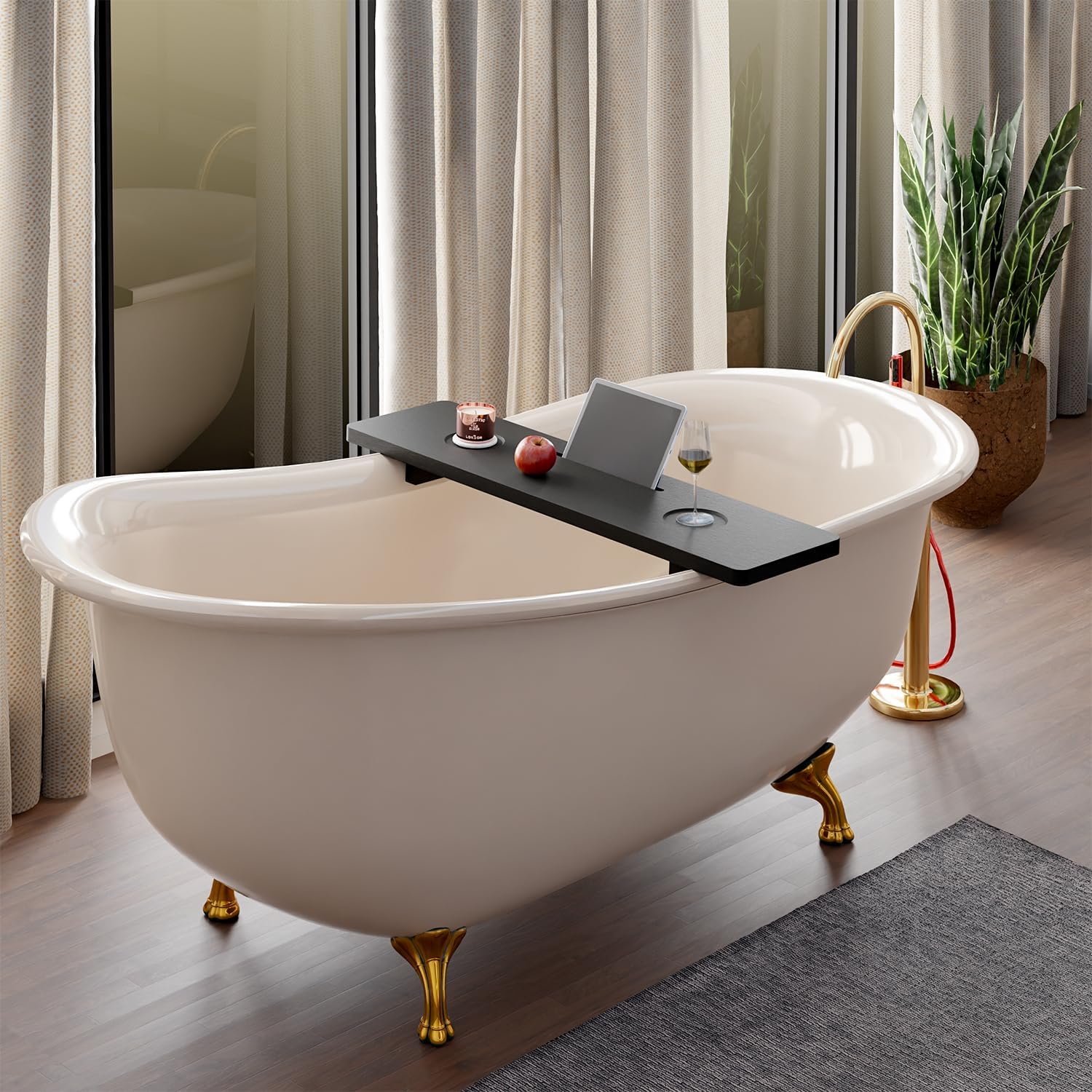 Tinamo Black Bathtub Caddy Tray Table | 35x9x2.5 Inch Large Bath Tub Tray Wooden | Anti-Tipping, Sustainable Tub Tray for Bathtub | Bathtub Accessories Holders for Bathtub (Acacia Wood)