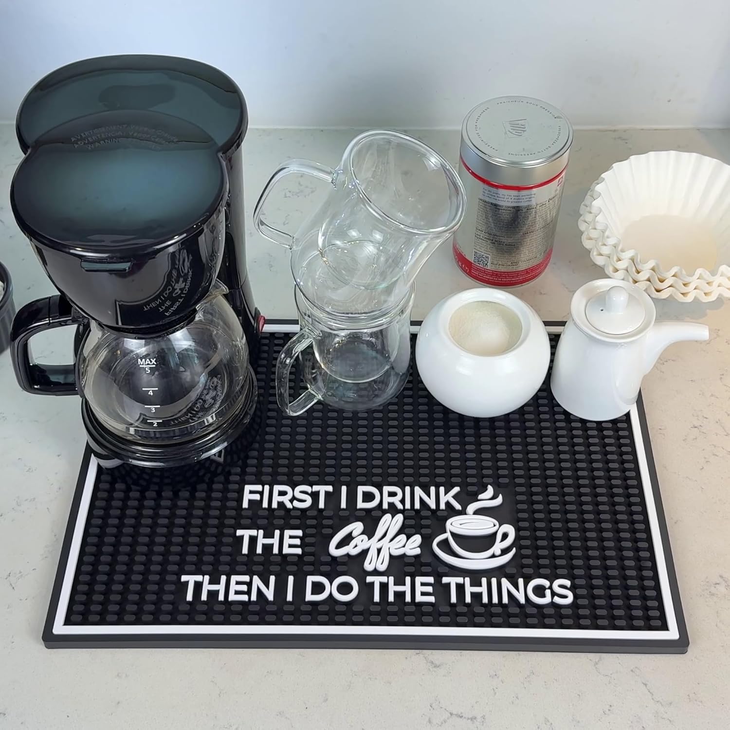 Coffee Matt for Counter First I Drink The Coffee Then I Do The Things 18x12 in, Non-Slip Silicone Espresso Maker Mat for Countertops, Aloha, Hawaiian and Luau Tiki Bar Decor and Tiki Decorations