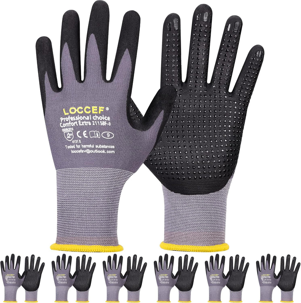 Work Gloves MicroFoam Nitrile Coated-6 Pairs,Endurance Seamless Knit Nylon,Dots on palm,Tacky Dot Grip Gloves
