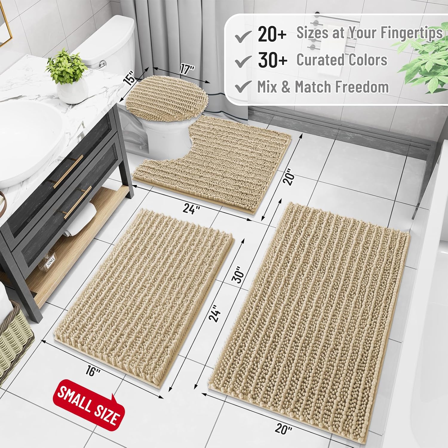 Arotive Luxury Chenille Bathroom Rug Mat, Extra Soft Thick Absorbent Shaggy Bath Rugs, Non-Slip Machine Wash Dry, Plush Bath Mats for Bathroom, Shower and Tub, 40x24, Beige