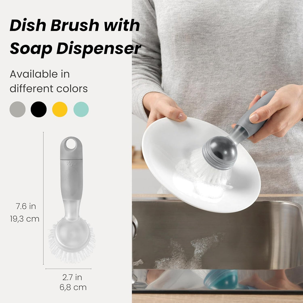 Vigar Rengo Soap Dispensing Dish Brush, Dish Brush with Soap Dispenser for Pot Scrubber, Dishes, Sink Cleaner, and Kitchen Essentials, Grey