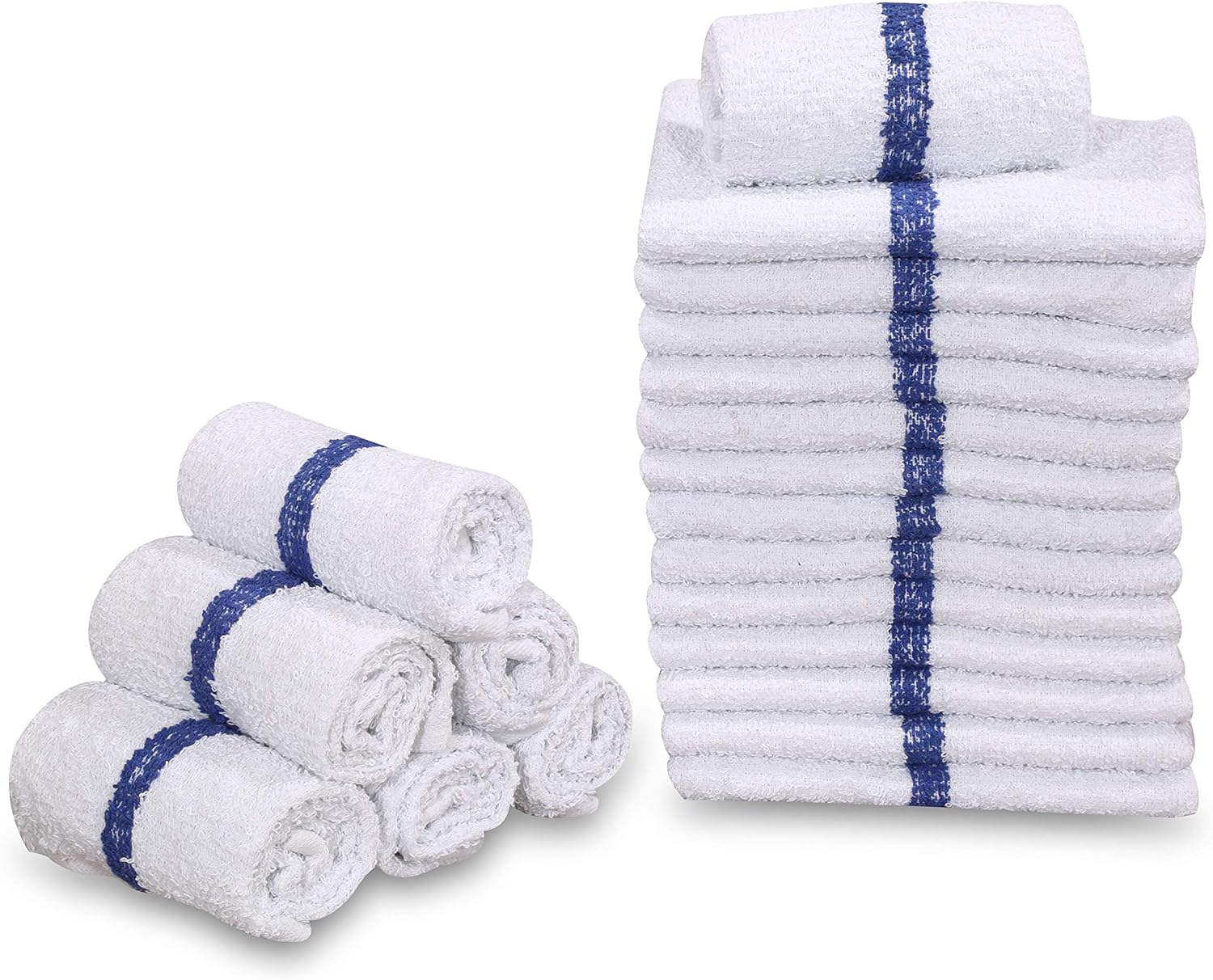 GOLD TEXTILES 12 PC New Cotton Blend White Restaurant Bar Mops Kitchen Towels 28oz (1 Dozen) (12, Blue Stripe)