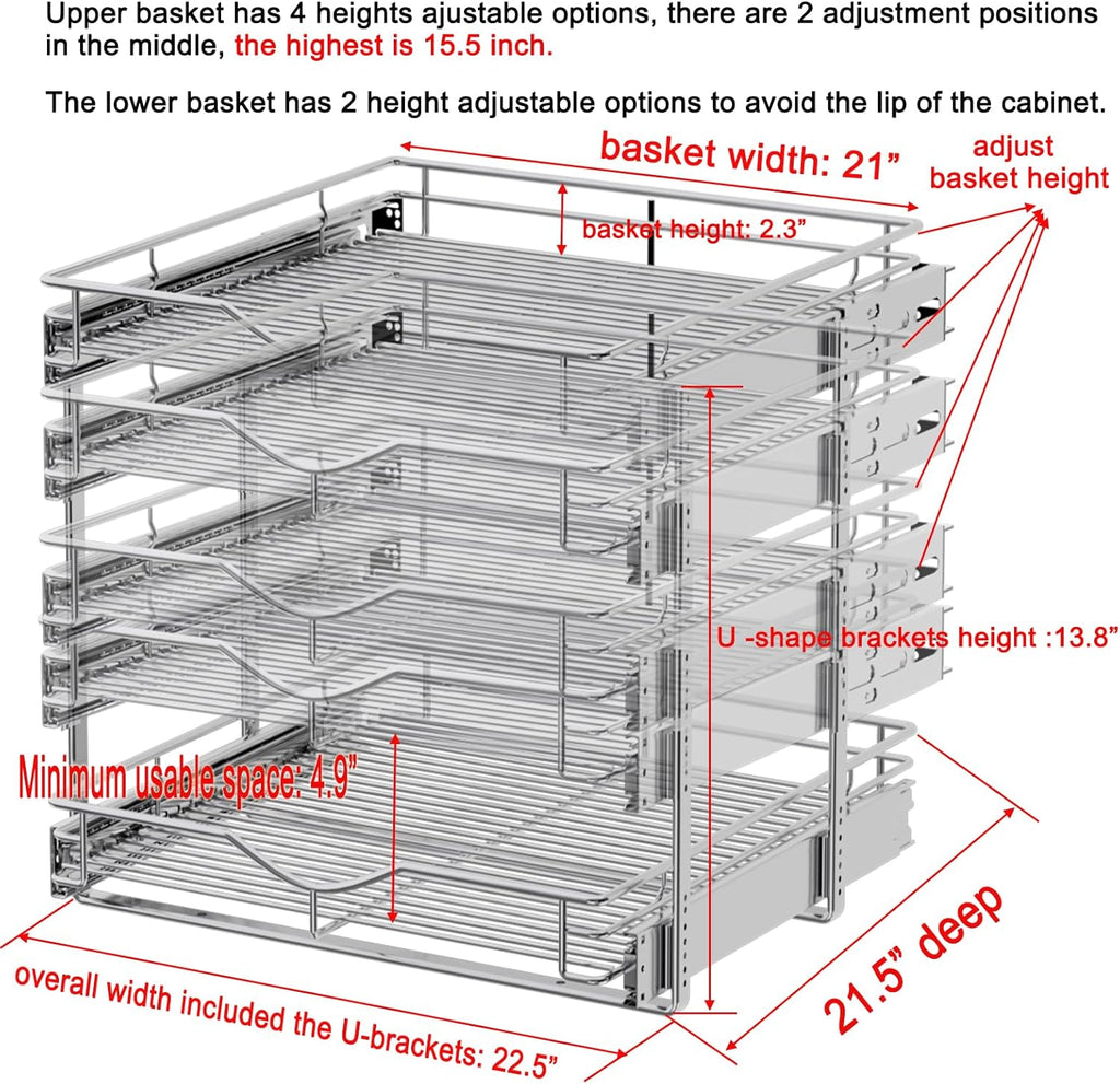 DINDON Pull Out Cabinet Organizer (22-1/2" W x 21-1/2"D), Cabinet Pull Out Shelves, 2 Tier Pull Out Drawers for Kitchen Cabinets, Wire Basket Slide Out Shelf, Pot and Pan Organizer