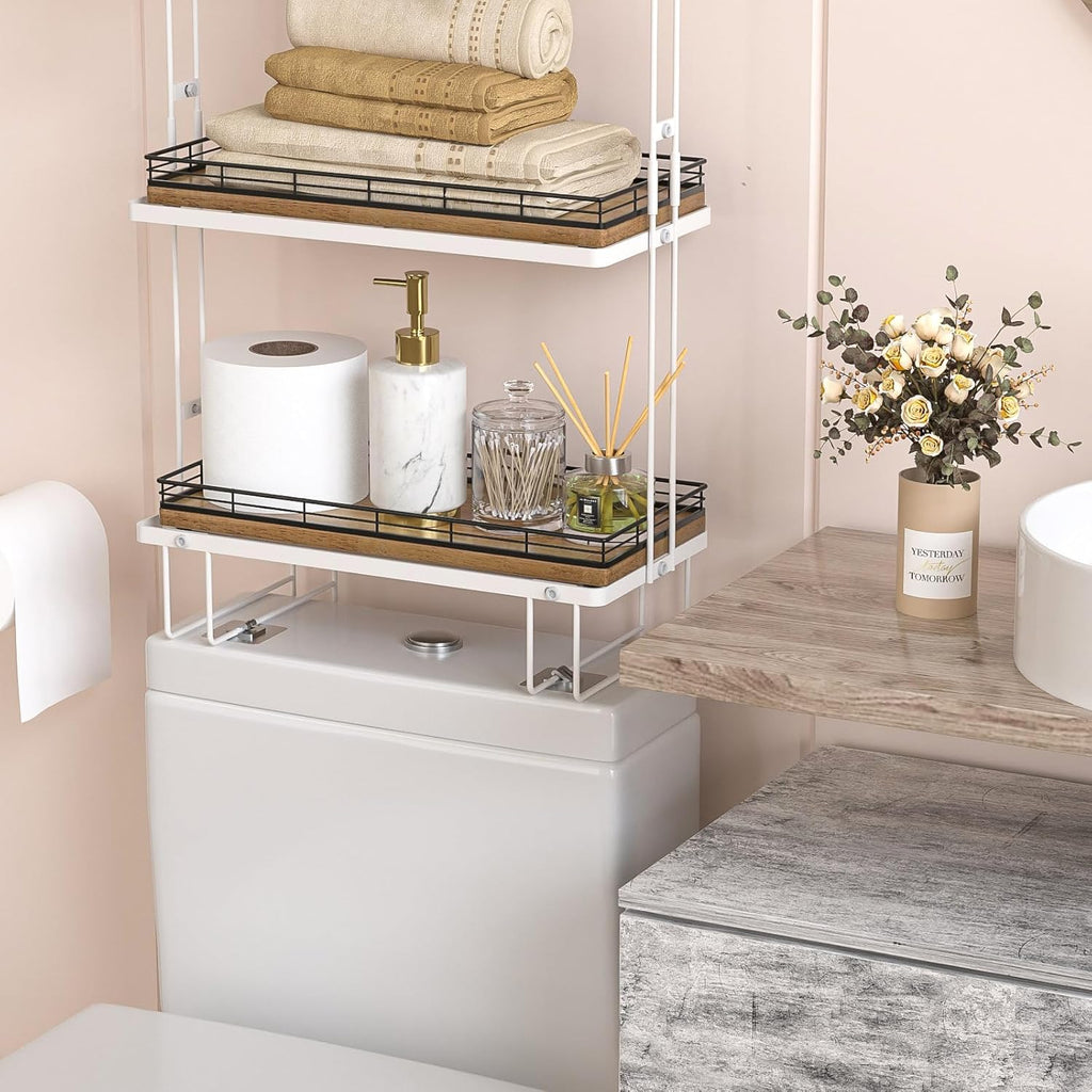 Bathroom Toilet Tank Tray, 13" Wood Toilet Paper Storage Basket Tray Back of Toilet Basket Organizer,Vanity Tray for Perfume Makeup Candle Decor, Black & Farmhouse Brown