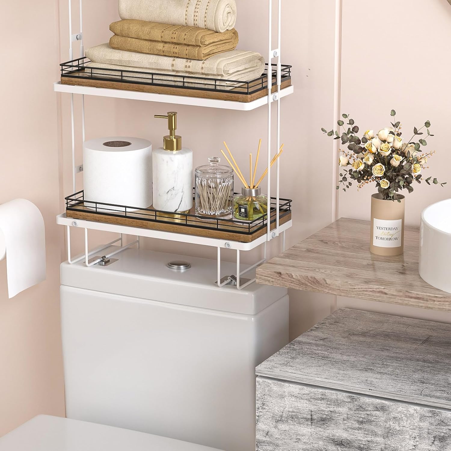 Bathroom Toilet Tank Tray, 13" Wood Toilet Paper Storage Basket Tray Back of Toilet Basket Organizer,Vanity Tray for Perfume Makeup Candle Decor, Black & Farmhouse Brown