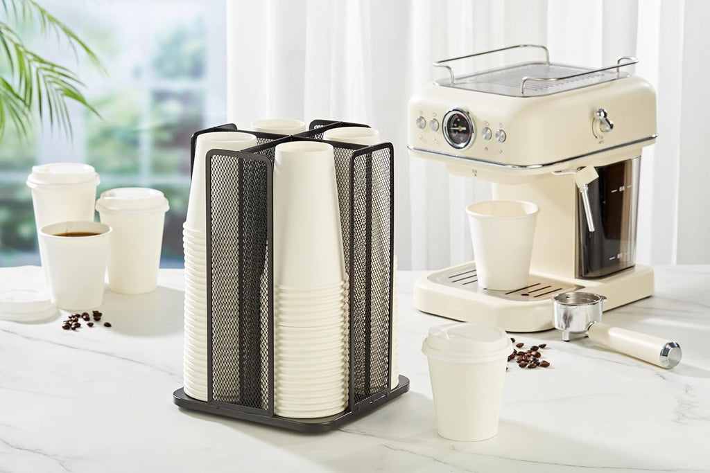 Annova Paper/Plastic Cup and Lid Holder Plastic Storage Organizer, 360°Rotating Coffee Mup Dispenser with 4 Compartments, Multifunctional Storage Rack for Home, Office, Bar, Coffee Shop (Black)
