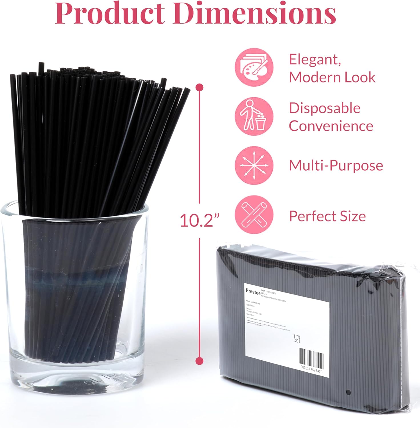 Prestee Plastic Coffee Stirrers 5.5 Inch, 2000 Count - Disposable Black Drink Stir Sticks for Coffee, Tea, Cocktails & Beverages - BPA-Free Plastic Stirring Straws for Home, Office & Events
