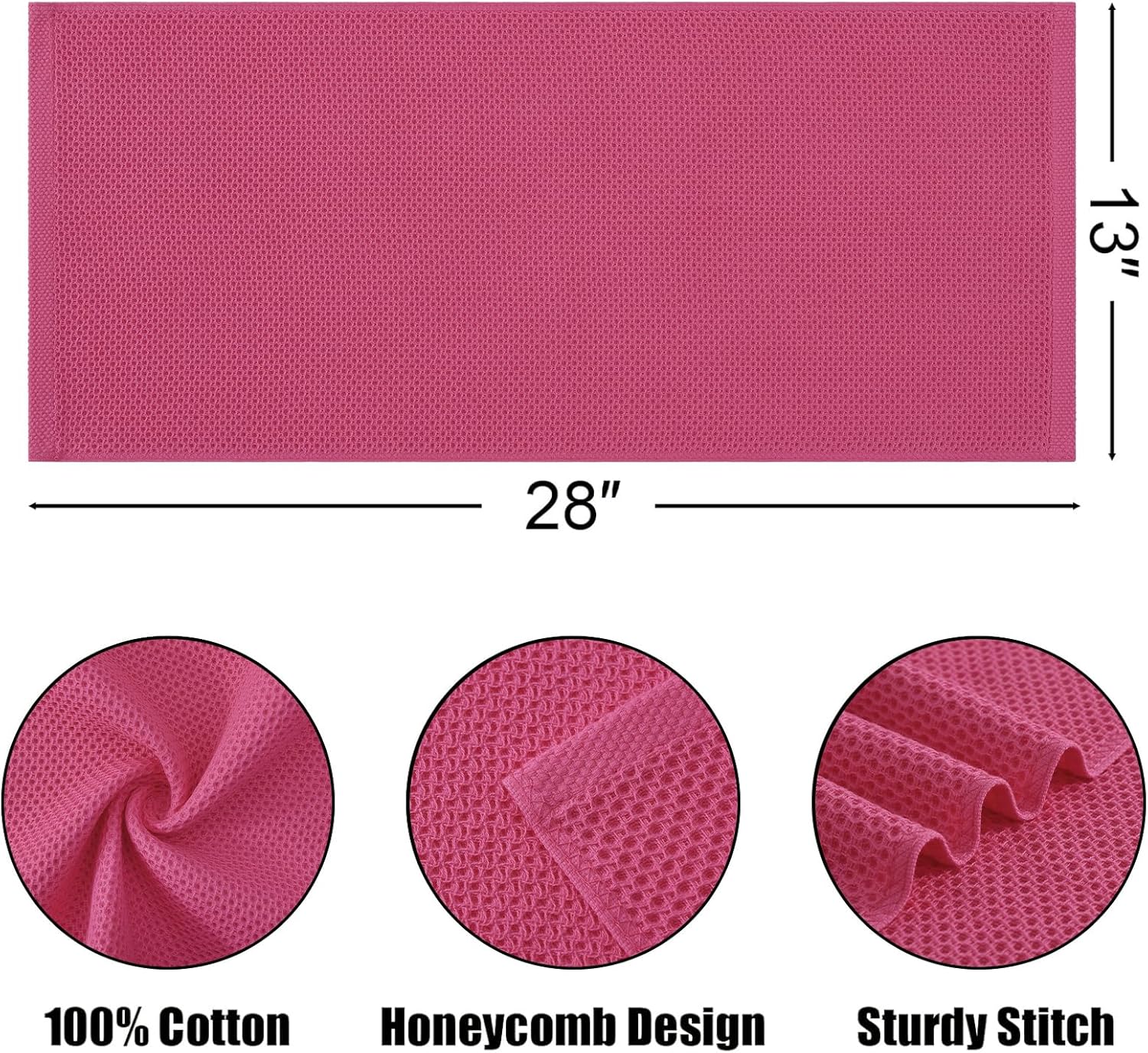 Kitinjoy 100% Cotton Waffle Weave Kitchen Towels, 4-Pack Super Soft and Absorbent Dish Towels for Drying Dishes, Kitchen Hand Towels, 13 in x 28 in, Hot Pink