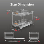 Pull Out Cabinet Organizer(14" W x 21" D), 2 Tier Slide Out Shelves with Wood Handle, Sliding Drawer Pull Storage Shelf for 15-1/4” Cabinet Opening, Chrome