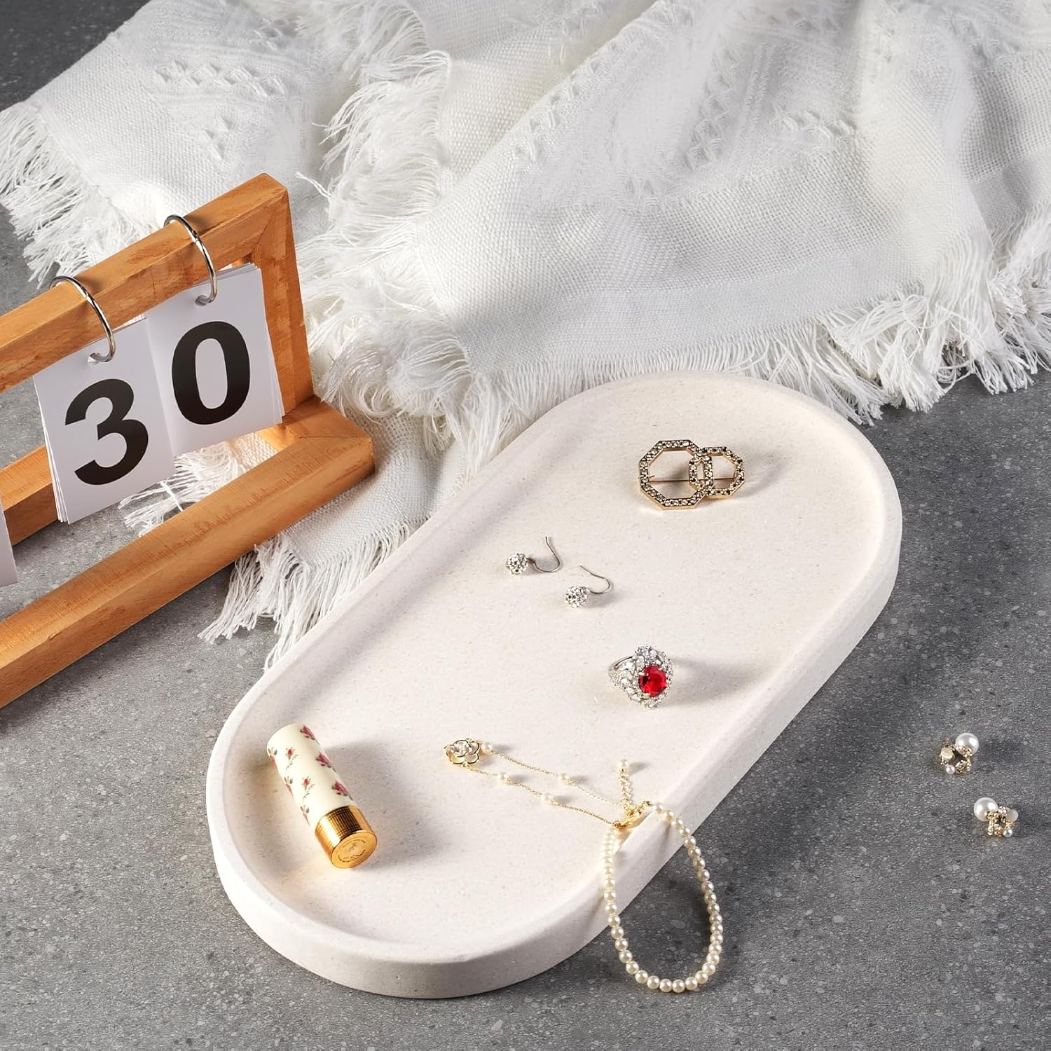 Koville Creamy White Marble Tray for Bathroom, 12"x6" Natural Luxury Marble Vanity Tray for Home Decor Countertop, Stone Oval Trays for Perfume & Jewelry Organizer, Stone Storage Trays