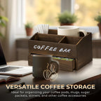 Coffee Station Organizer for Countertop with Pod Storage Drawer - Coffee Bar for Home, Kitchen, Dining Area, Office & Breakroom - Natural Wood, 3 Compartments, 2-tier, Rustic Brown