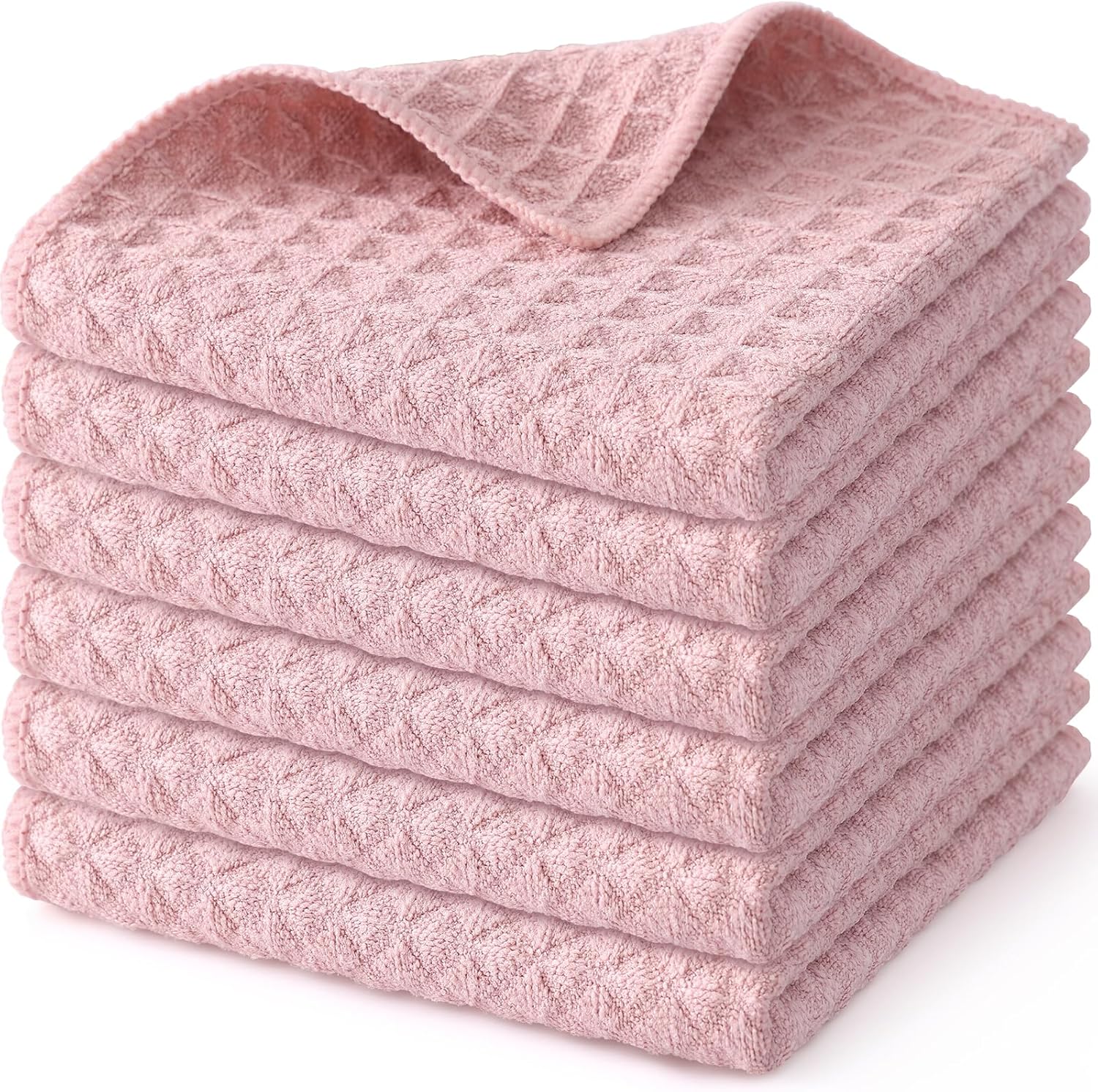 Homaxy Microfiber Waffle Weave Kitchen Dish Cloths, 12 x 12 Inch Ultra Absorbent and Solid Color Dish Towels for Kitchen Fast Drying Dishcloth for Washing Dishes, 6 Pack, Pink