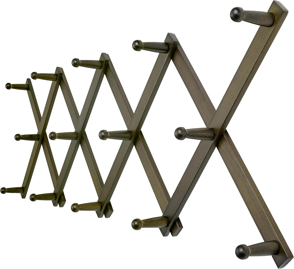 Dseap Accordion Wall Hanger:16'' High Wooden Expandable Coat Rack, Hat Rack for Wall,Accordion Hook for Baseball Caps,Coats,14 Peg Hooks,Dark Walnut