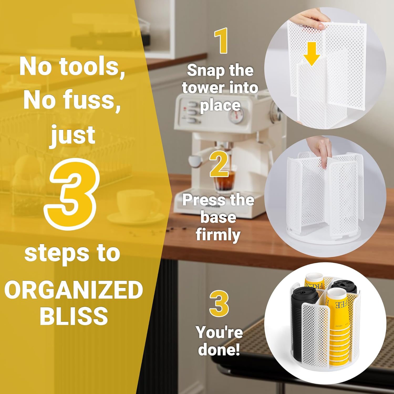 4-Compartment Rotating Paper Cup Holder & Coffee Cup Lid Storage Dispenser, Plastic Cup Dispenser Removable, Space-Saving Countertop Cup Holder for Coffee Bars, Kitchens (White)