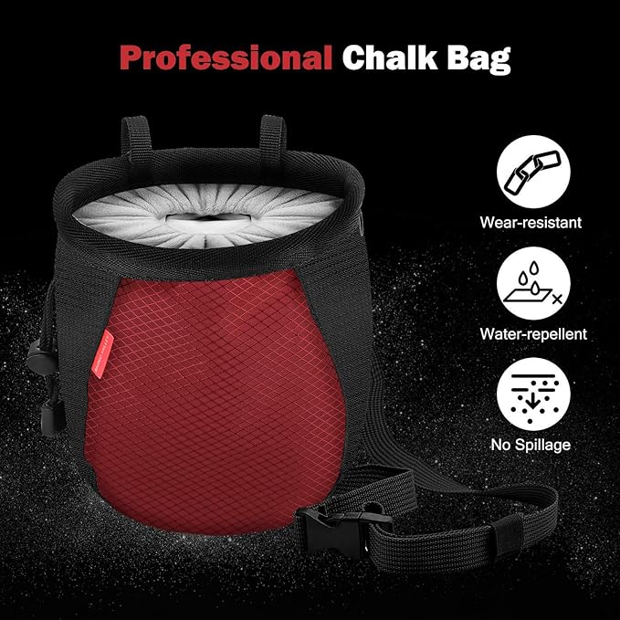 Rhino Valley Climbing Chalk Bag, No Leak Drawstring Chalk Bag with Adjustable Belt, Carabiner Clip and Zippered Pockets Chalk Bag for Climbing, Cross Fit, Weight Lifting & More