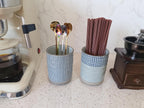 Stoneware Coffee Bar Utensil Holder Tea & Coffee Spoon & Stirrer Holder for Stir Stick Straw Teaspoon Holder Spoon Cup Small Utensil Jar (Blue Stripes)
