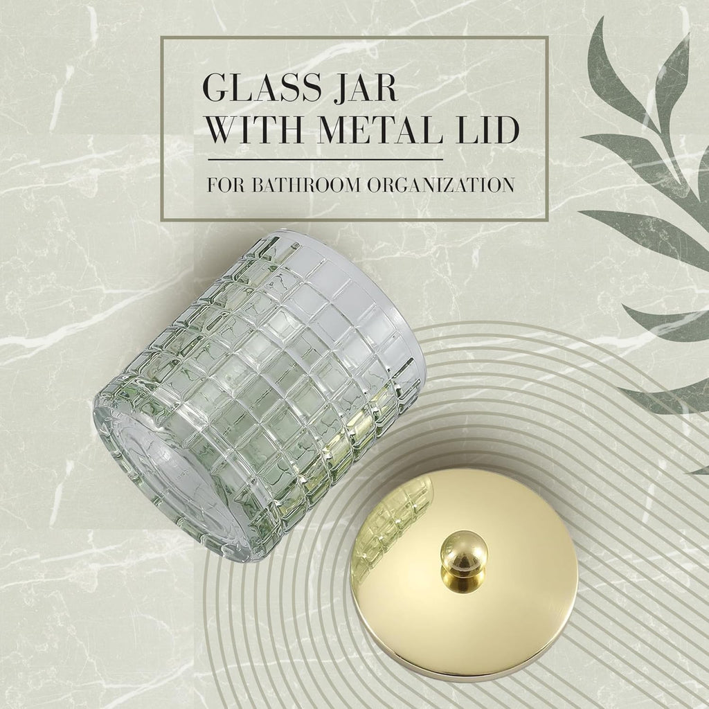 Glass Jar with Metal Lid for Bathroom Organization, Clear Apothecary Jar for Cotton Balls, Q Tips, and Small Accessories, Stylish Bathroom Storage Container Sage Green, Gold