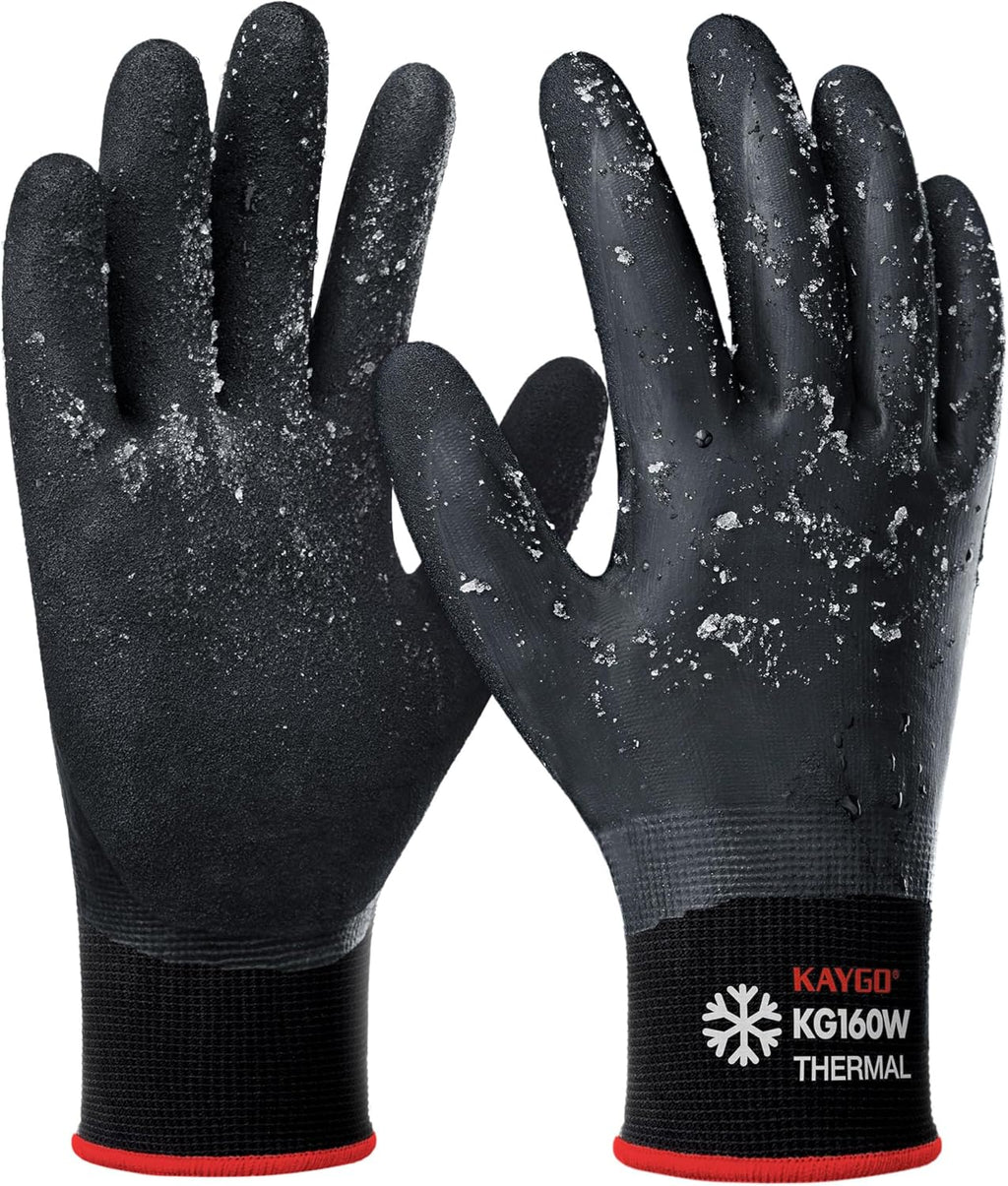 KAYGO Winter Waterproof Work Gloves for Men and Women, 3 Pairs Thermal Insulated Freezer Rubber Coated Gloves,Super Grip,KG160, M, Black