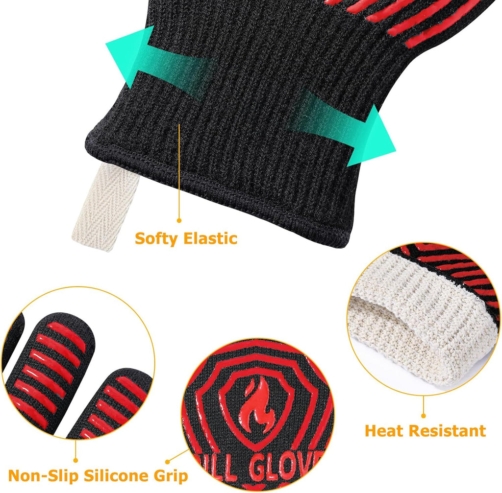 QUWIN BBQ Gloves, BBQ Accessories 1472℉ Extreme Heat Resistant, Grilling Gloves Silicone Non-Slip Oven Mitts, Kitchen Gloves for BBQ, Grilling, Cooking, Baking-1 Pair 11inch, Red