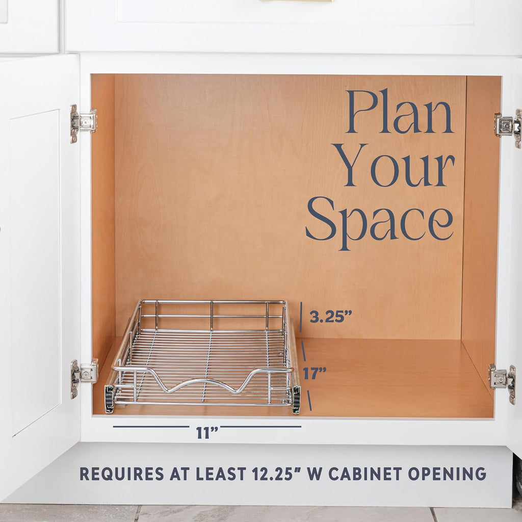 HOLD N' STORAGE Pull Out Cabinet Organizer, Heavy Duty-w/Lifetime Limited Warranty -11”W x 17”D-Requires At Least 12-1/4” Cabinet Opening, Steel Metal Cabinet Drawers Slide Out, Chrome Finish