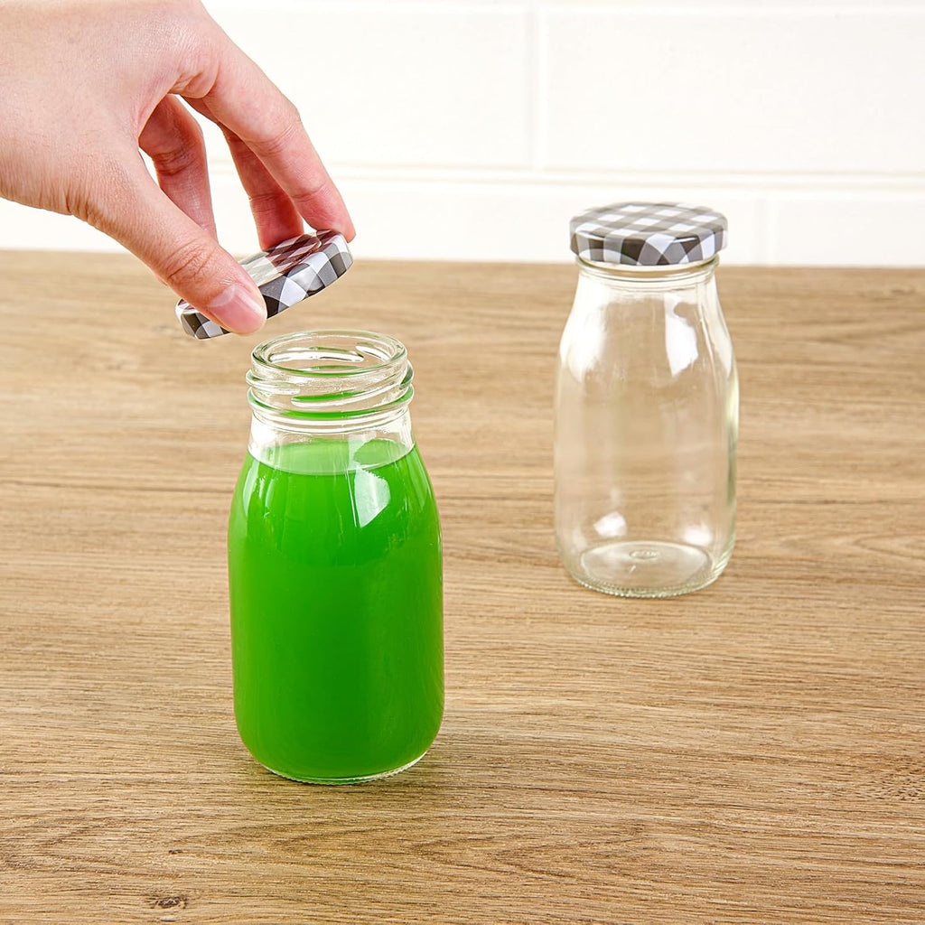 Restaurantware-French Countryside 6 Ounce Glass Bottles, 10 Durable Juice Bottles - With Black Plaid Lid, Dishwashable, Clear Glass Countryside Bottle, For Hot And Cold Beverages