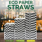 [500 Counts] Chunspak 5.75 inch Eco-friendly Disposable Short Paper Drinking Straws Bulk for Cocktail, Mixed Drinks - Black White Striped