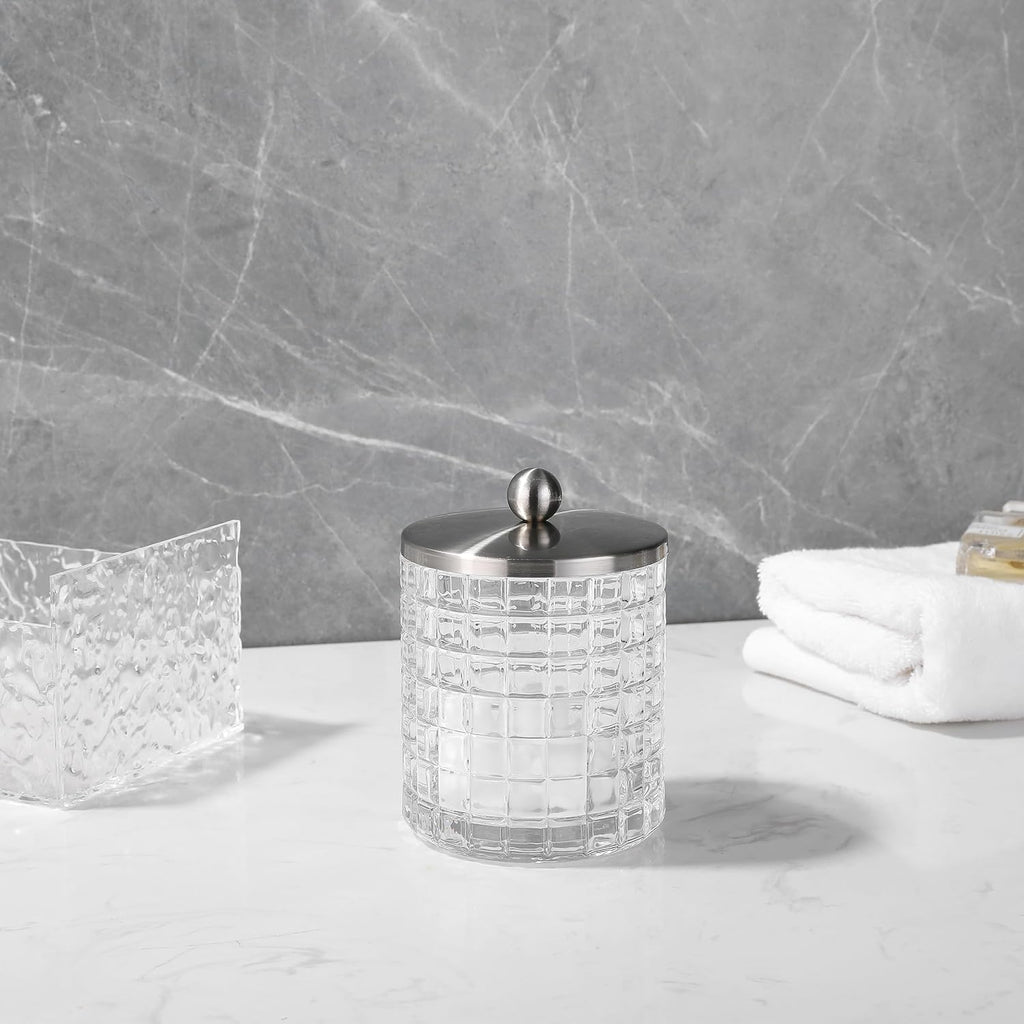 Glass Jar with Metal Lid for Bathroom Organization, Clear Apothecary Jar for Cotton Balls, Q Tips, and Small Accessories, Stylish Bathroom Storage Container Clear, Nickel