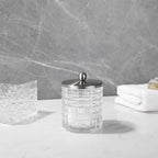 Glass Jar with Metal Lid for Bathroom Organization, Clear Apothecary Jar for Cotton Balls, Q Tips, and Small Accessories, Stylish Bathroom Storage Container Clear, Nickel