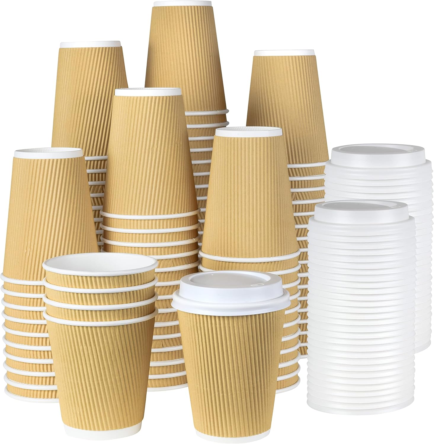 NYHI 100 12 oz Ripple Kraft Paper Cups Brown Hot Cold with Lids 3 Layer Rippled Small Insulated Disposable Coffee Cups for Cappuccino Hot Cocoa or Iced Drinks