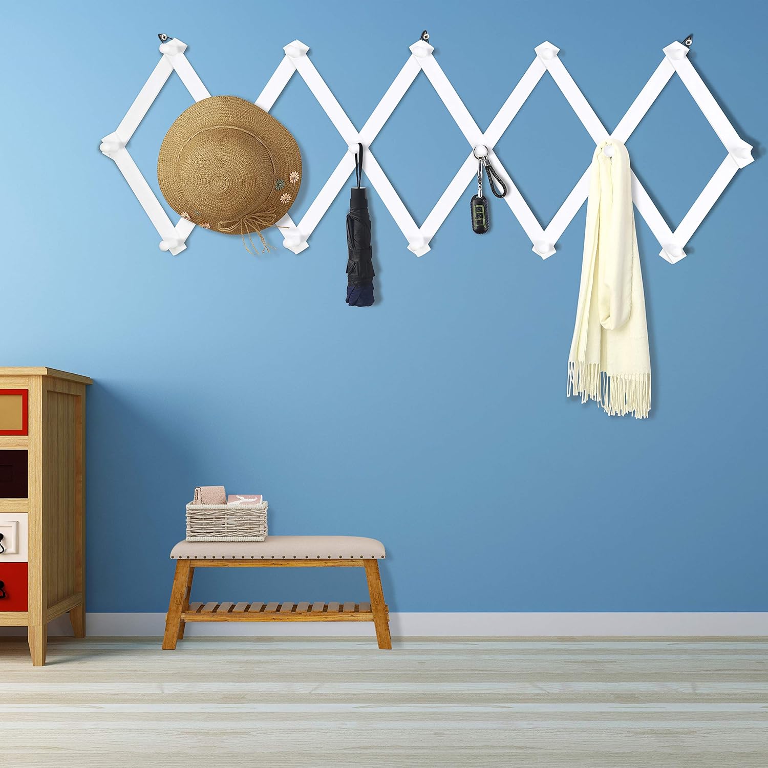 Dseap Accordian Wall Hanger: 16” High Wooden Wall Expandable Coat Rack, Hat Rack Holder, Accordion Hook for Baseball Caps, Coats, Mugs, 16 Peg Hooks, White