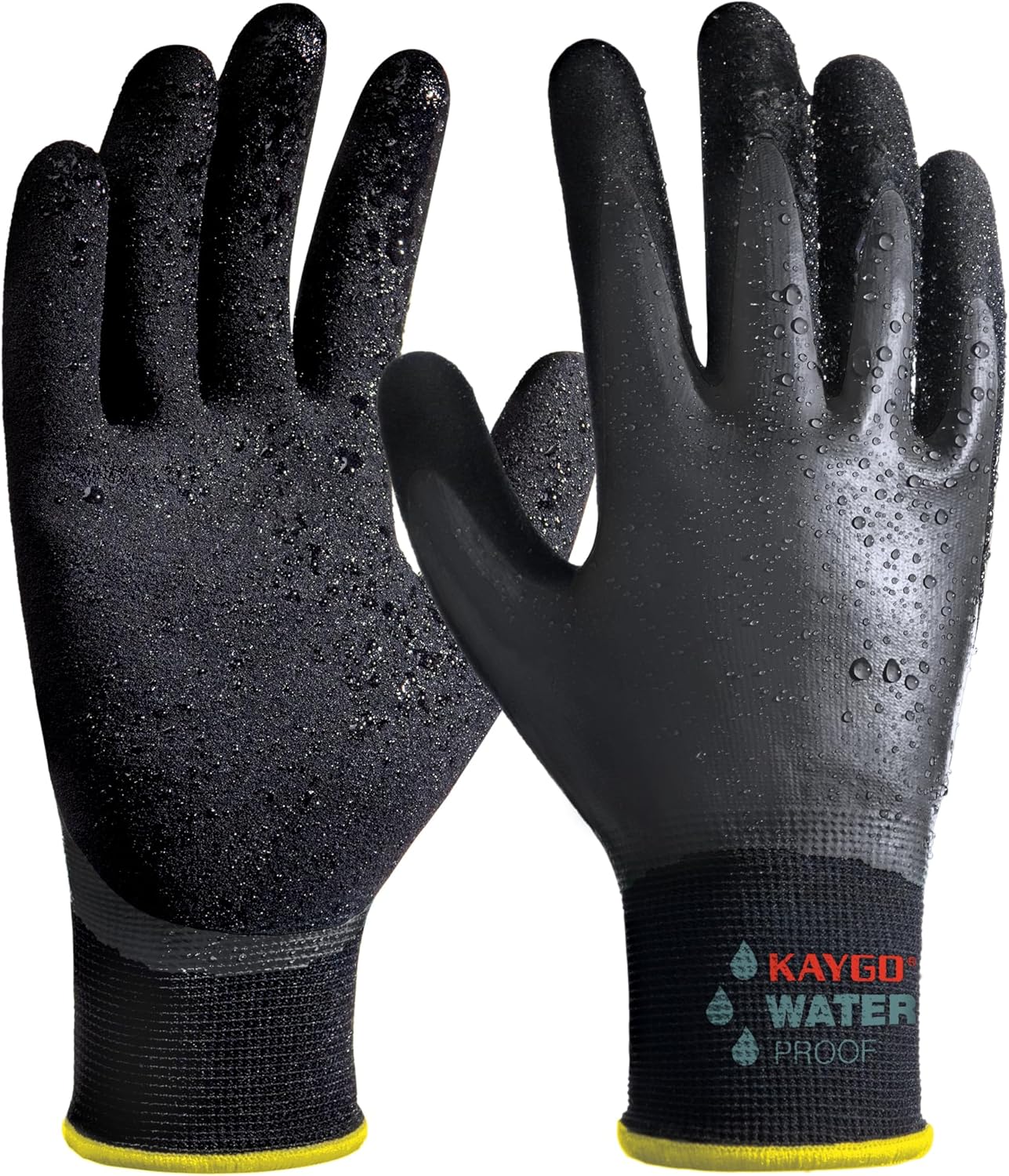KAYGO Waterproof Work Gloves for Men and Women, Rubber Coated Non-slip Working Gloves for Garden, Outdoor Construction,3 pairs,Black,L
