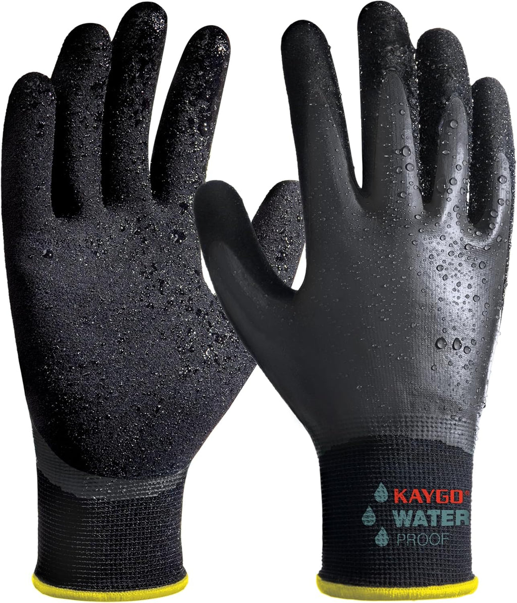 KAYGO Waterproof Work Gloves for Men and Women, Rubber Coated Non-slip Working Gloves for Garden, Outdoor Construction,KG150,Black,L
