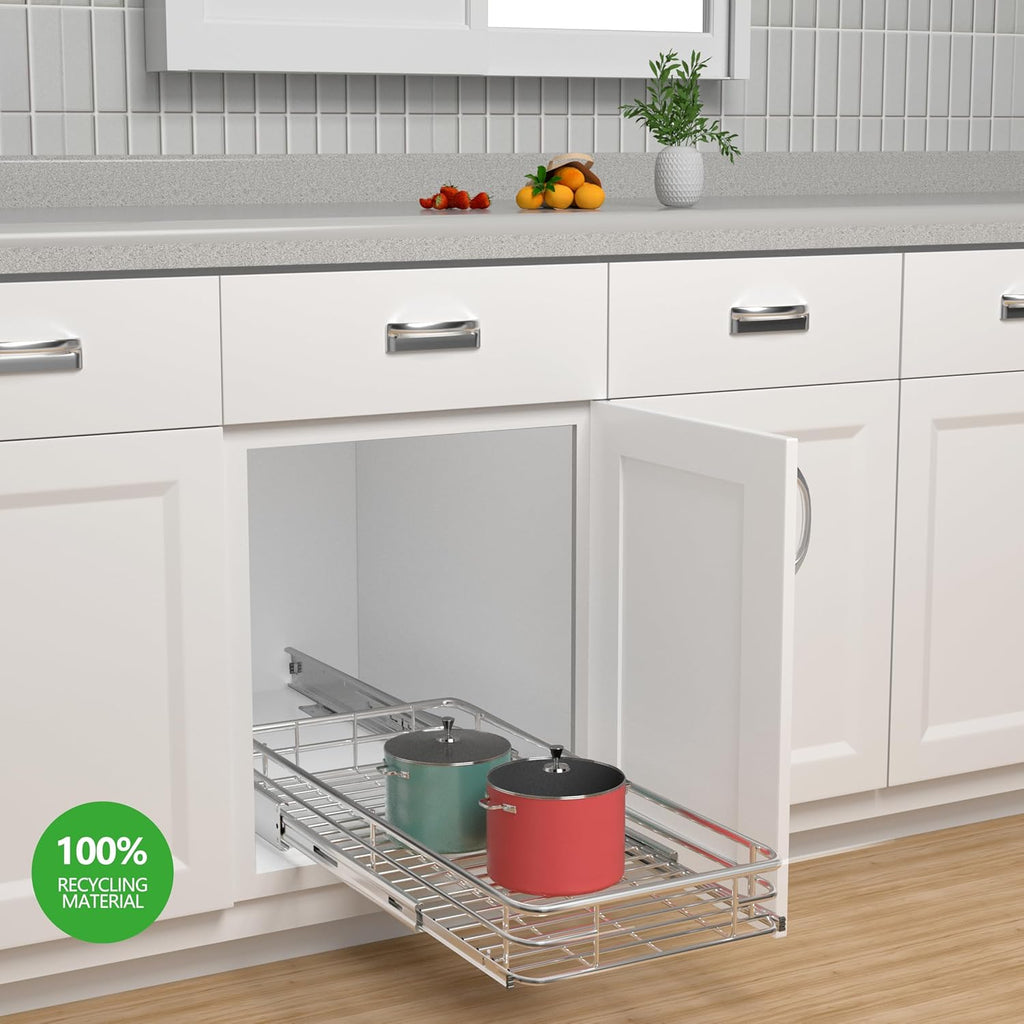 Sliding Cabinet Organizer Pull Out Shelves (11"W x 21"D), Heavy-Duty Slide Out Shelf, Steel Metal Cabinet Roll Out Shelves for Kitchen Bathroom, Chrome