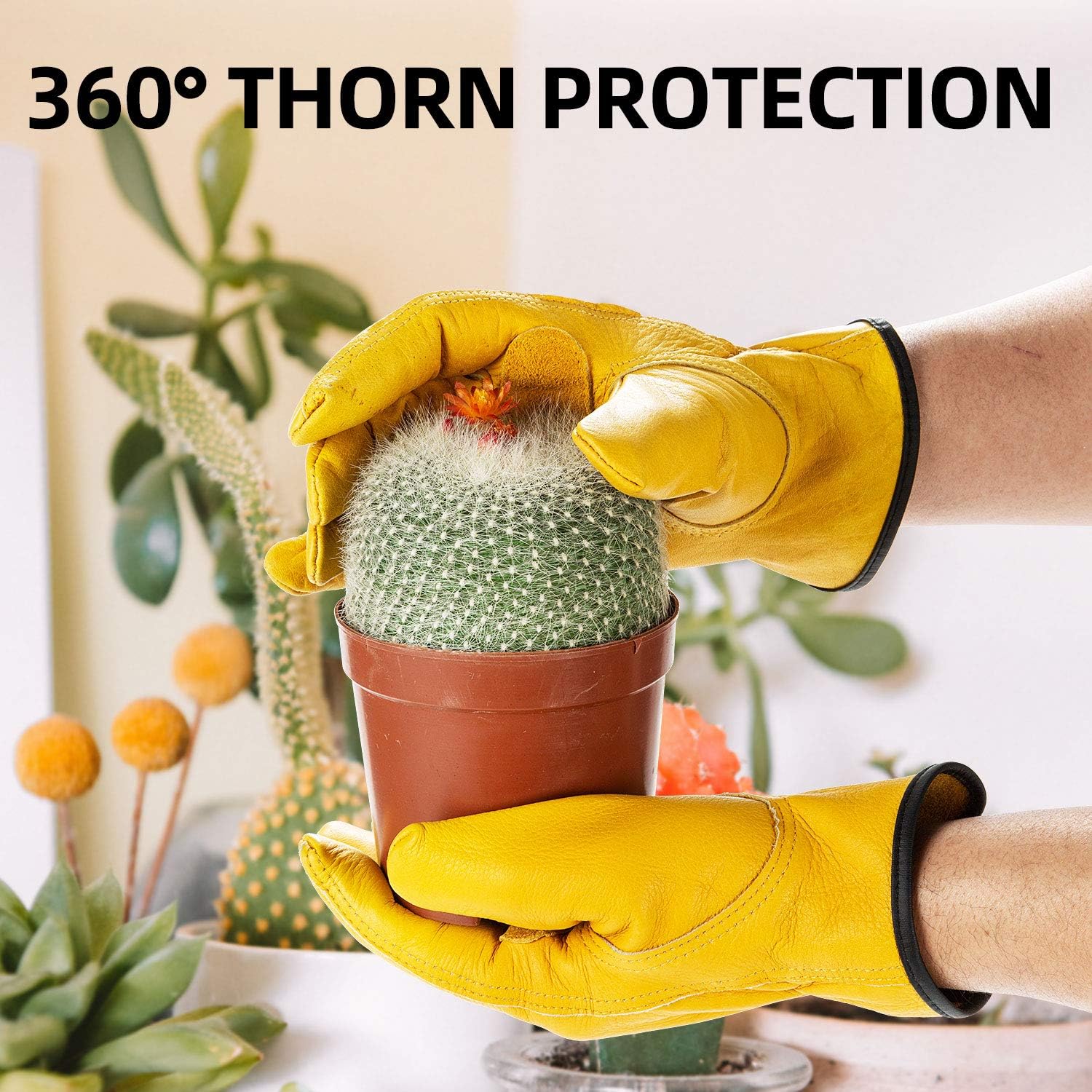 Vgo... 1-Pair Unlined Cow Grain Leather Work and Driver Gloves with Cow Split Leather Palm Patch (Size M, Gold,CA9590)