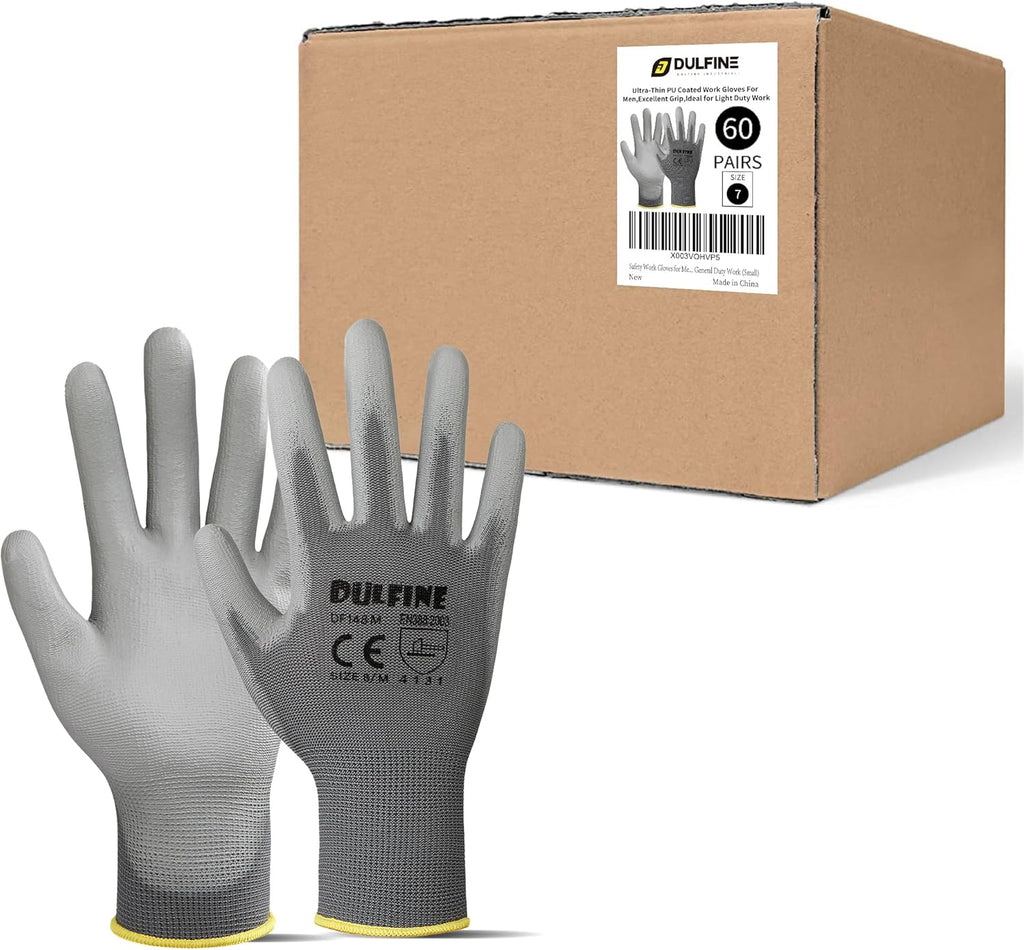 DULFINE Safety Work Gloves for Men PU Coated 60 Pairs Bulk Pack,Grey Yellow Seamless Knit Glove with thin Polyurethane Coated Smooth Grip on Palm & Fingers,Ideal for General Duty Work (Small)
