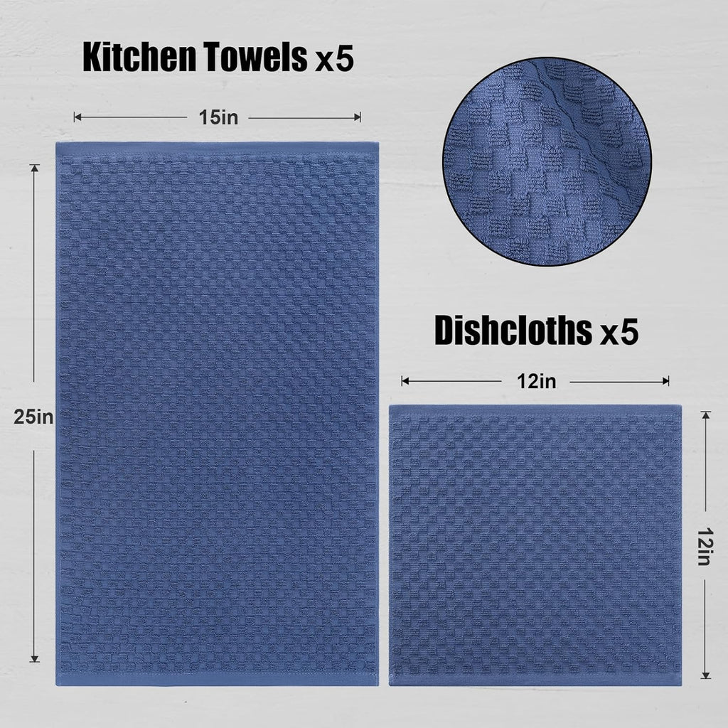 Fintale 100% Cotton Kitchen Towels and Dishcloths Set, 12 x 12 & 15 x 25 Inches, Set of 10 Bulk Super Soft and Absorbent Terry Cloth Dish Towels, Quick Drying Hand Towels with Hanging Loop, Navy Blue