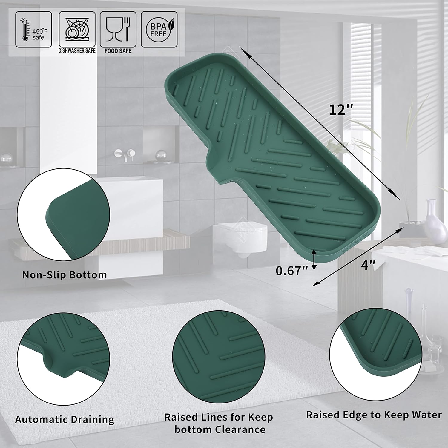 Silicone Bathroom Soap Dishes with Drain Spout-Bathroom and Kitchen Sink Organizer,Sponge Holder,Dish Soap Tray,Perfect for Dispenser,Scrubber,Bottle,Cup on Sink or Counter-Green 12"×4"