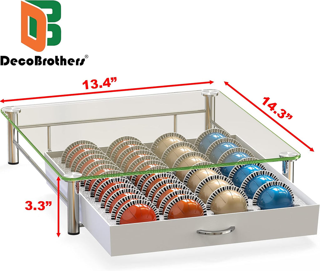 DecoBrothers Crystal Tempered Glass Vertuo Pod Holder Drawer, 24 Large or 48 Small Nespresso Capsule Organizer, White