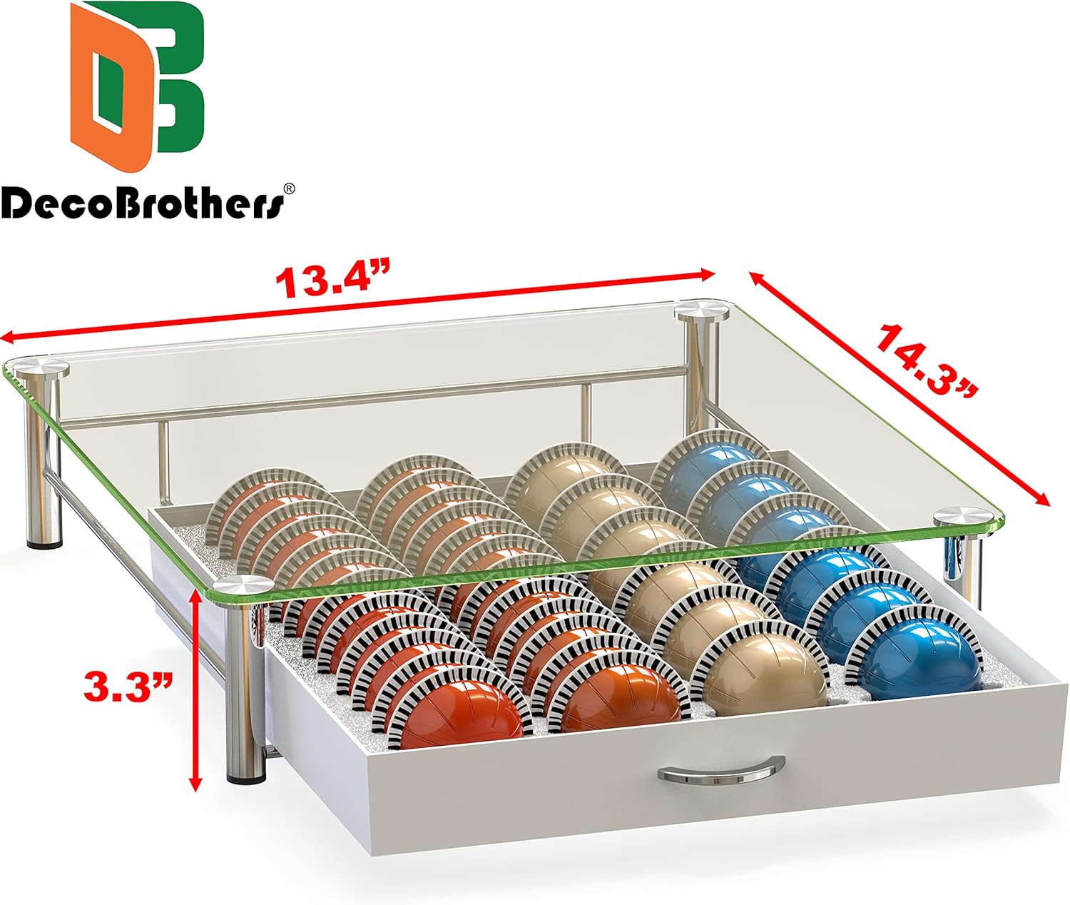 DecoBrothers Crystal Tempered Glass Vertuo Pod Holder Drawer, 24 Large or 48 Small Nespresso Capsule Organizer, White