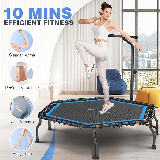 ANCHEER 50" Rebounder Trampoline for Adults- 2025 Foldable Mini Trampoline with Bar- Exercise Trampoline for Adults, Max Load 450lbs/550lbs, for Indoor/Garden Workout